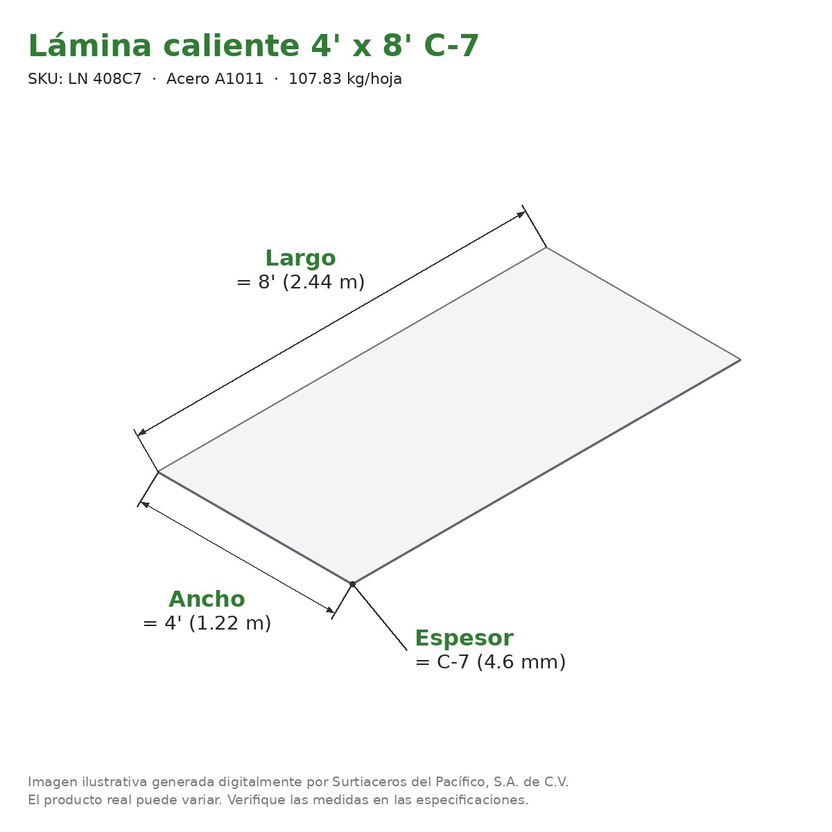 Lámina caliente 4' x 8' C-7 - Acero A1011 - medidas