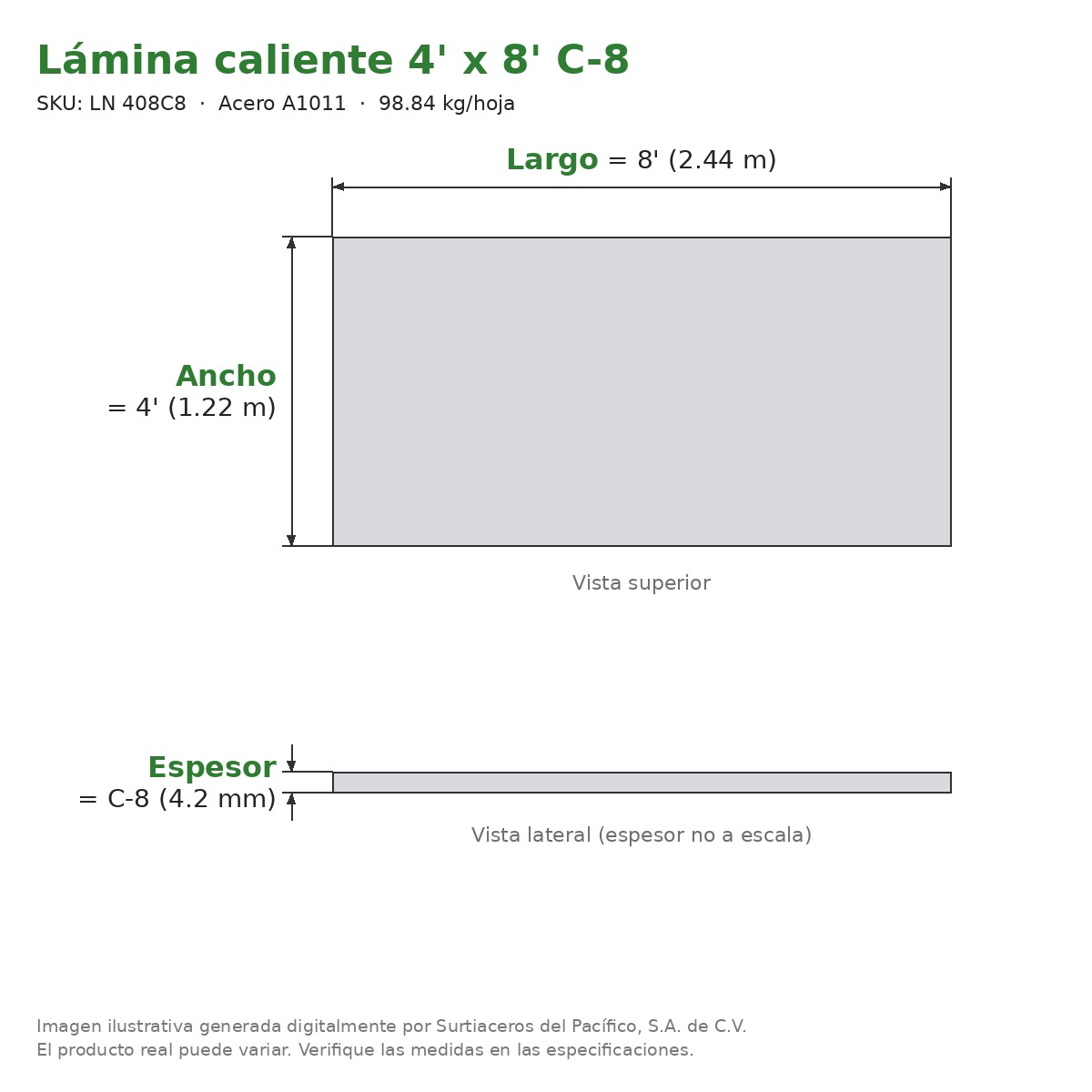 Lámina caliente 4' x 8' C-8 - Acero A1011 - sección transversal
