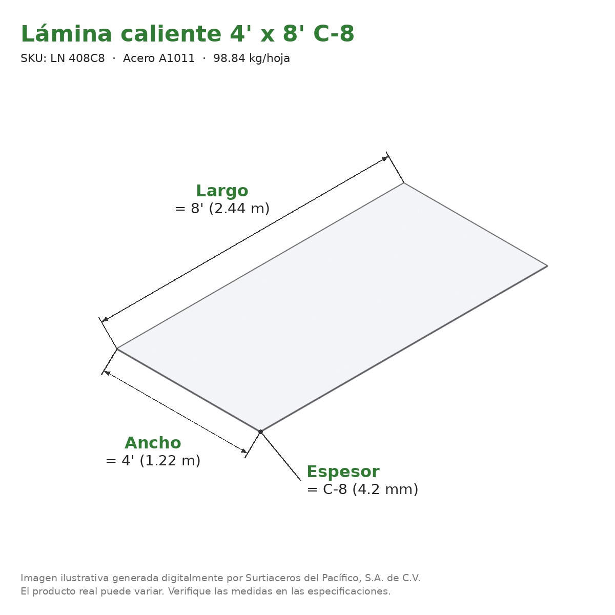 Lámina caliente 4' x 8' C-8 - Acero A1011 - medidas