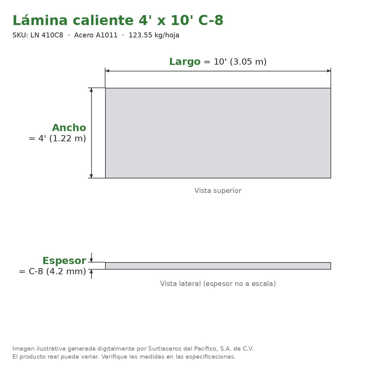 Lámina caliente 4' x 10' C-8 - Acero A1011 - sección transversal