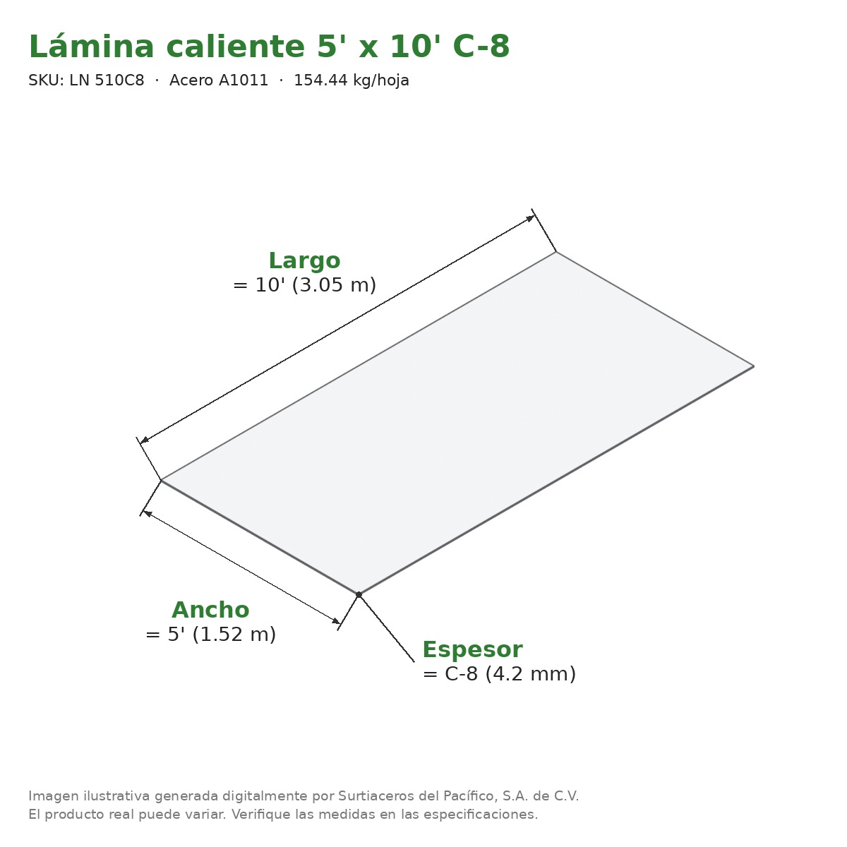 Lámina caliente 5' x 10' C-8 - Acero A1011 - medidas