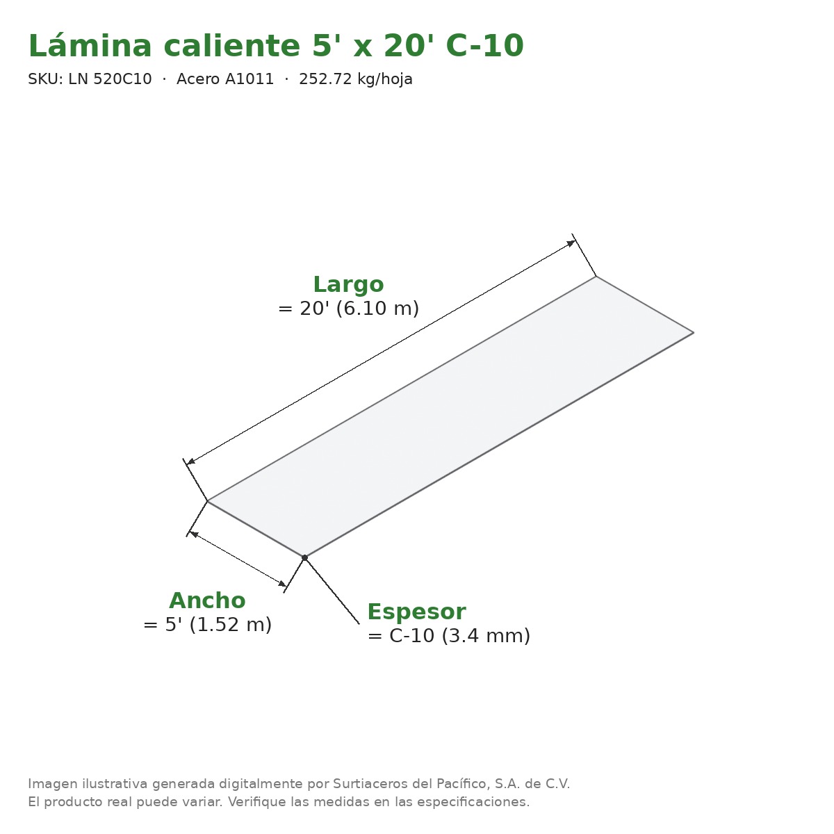 Lámina caliente 5' x 20' C-10 - Acero A1011 - medidas