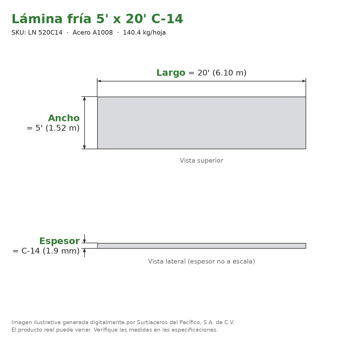 Lámina fría 5' x 20' C-14 - Acero A1008 - sección transversal