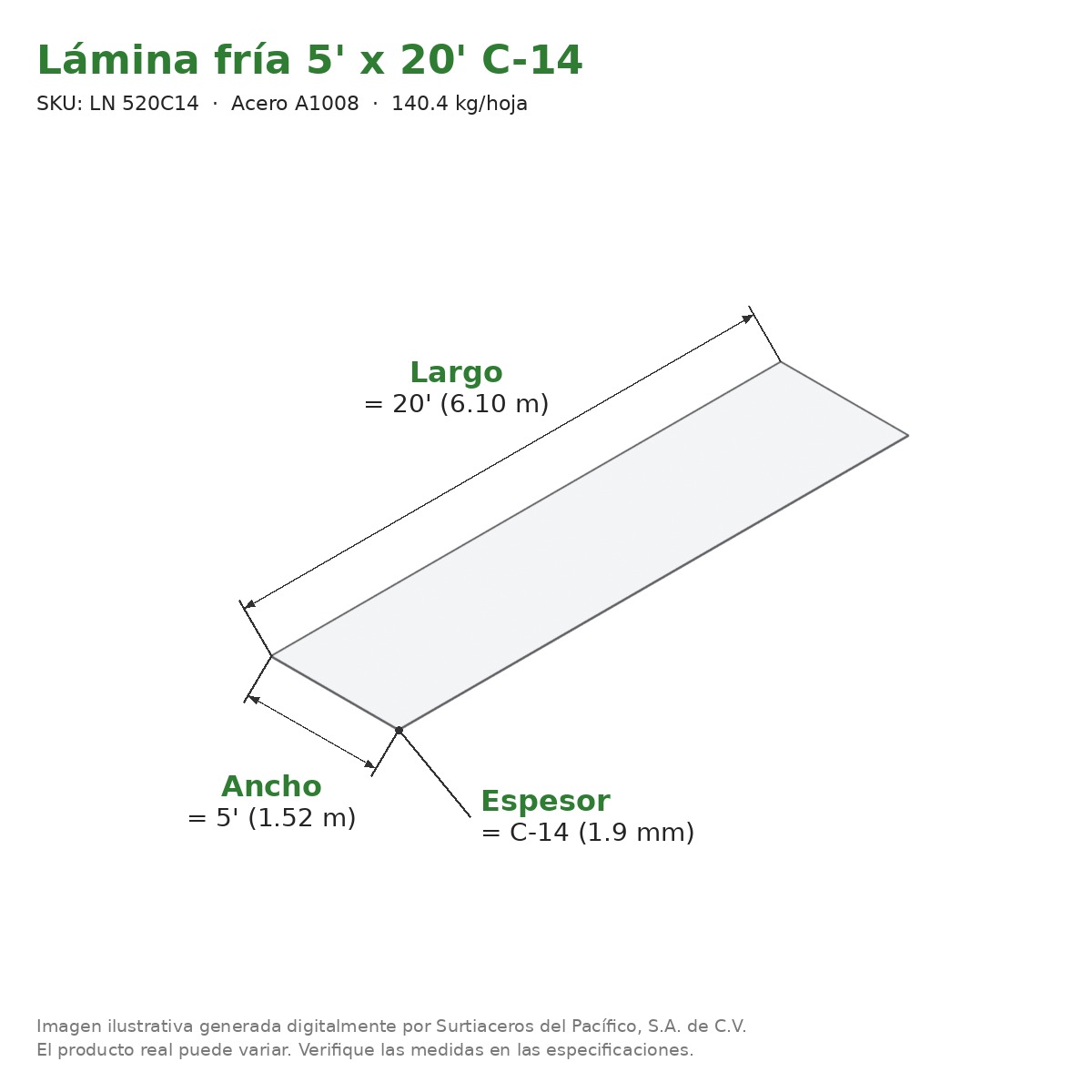 Lámina fría 5' x 20' C-14 - Acero A1008 - medidas