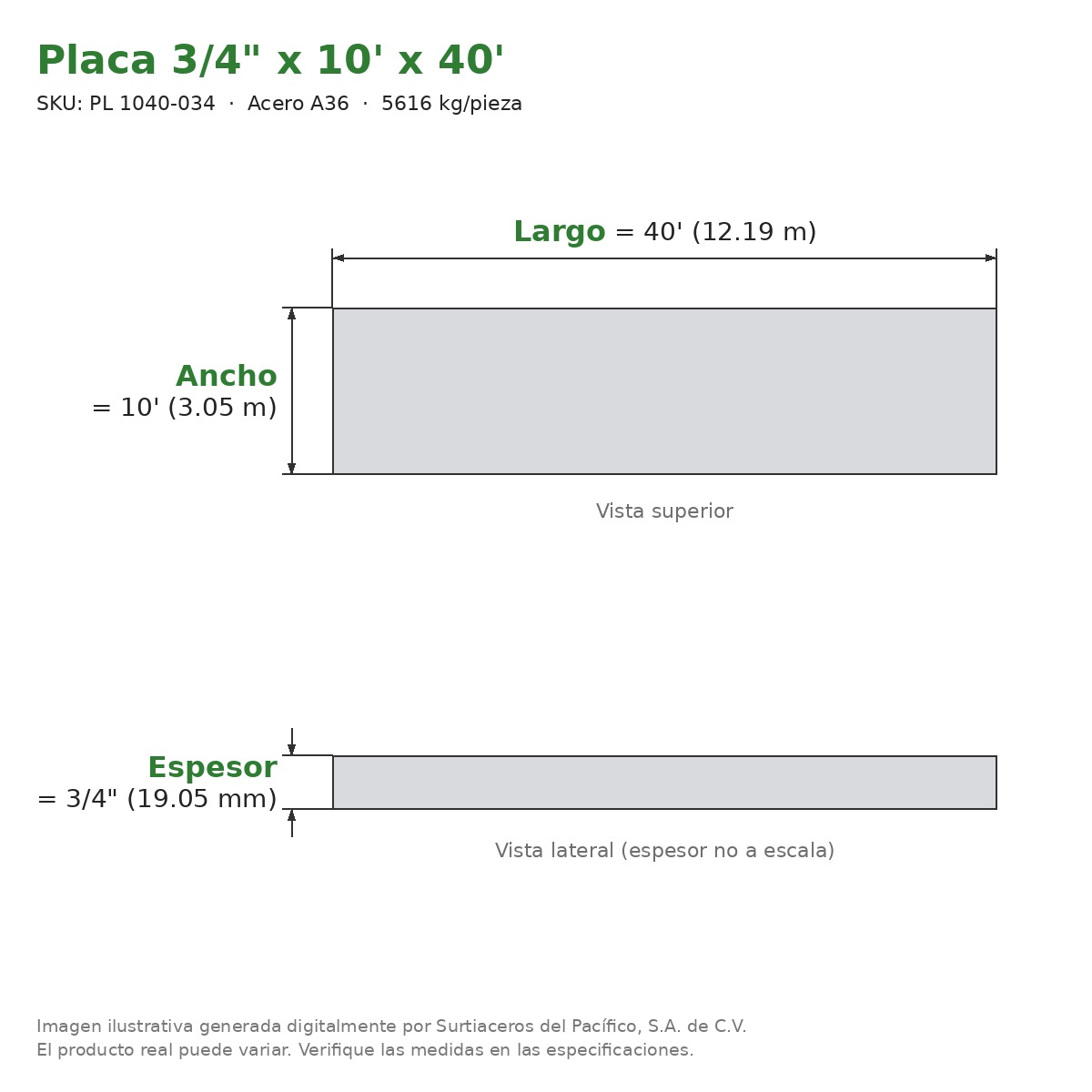 Placa 3/4" x 10' x 40' - Acero A36 - sección transversal