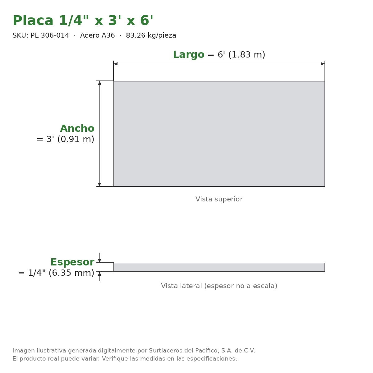 Placa 1/4" x 3' x 6' - Acero A36 - sección transversal