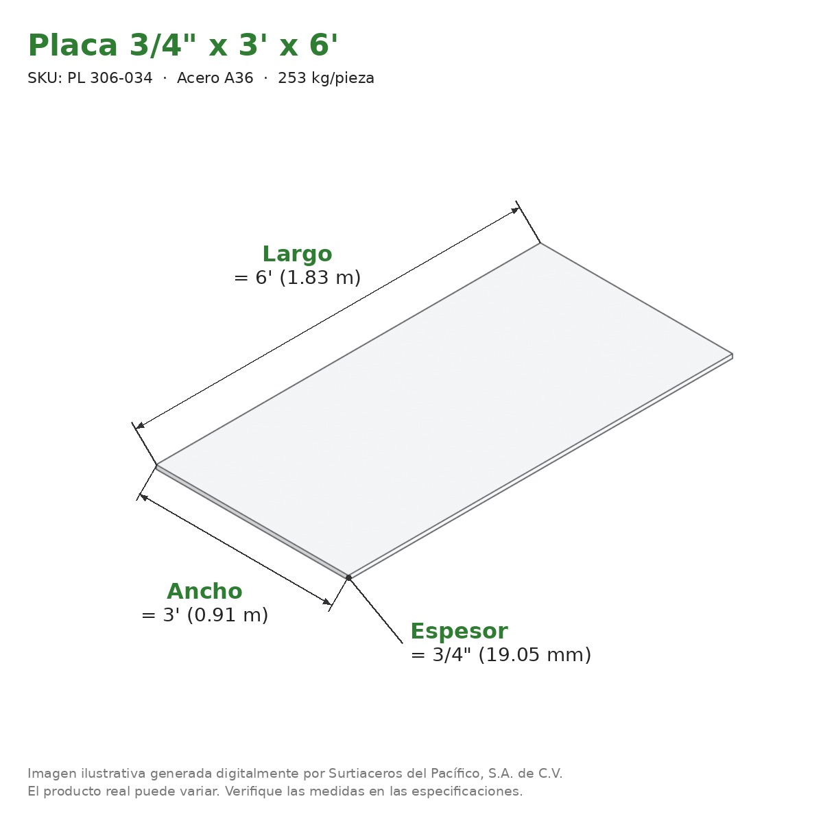 Placa 3/4" x 3' x 6' - Acero A36 - medidas