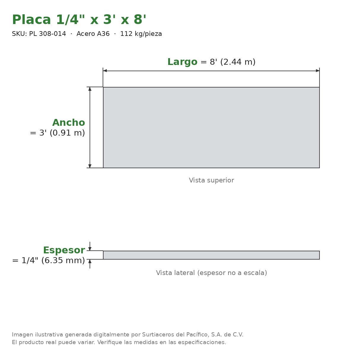 Placa 1/4" x 3' x 8' - Acero A36 - sección transversal