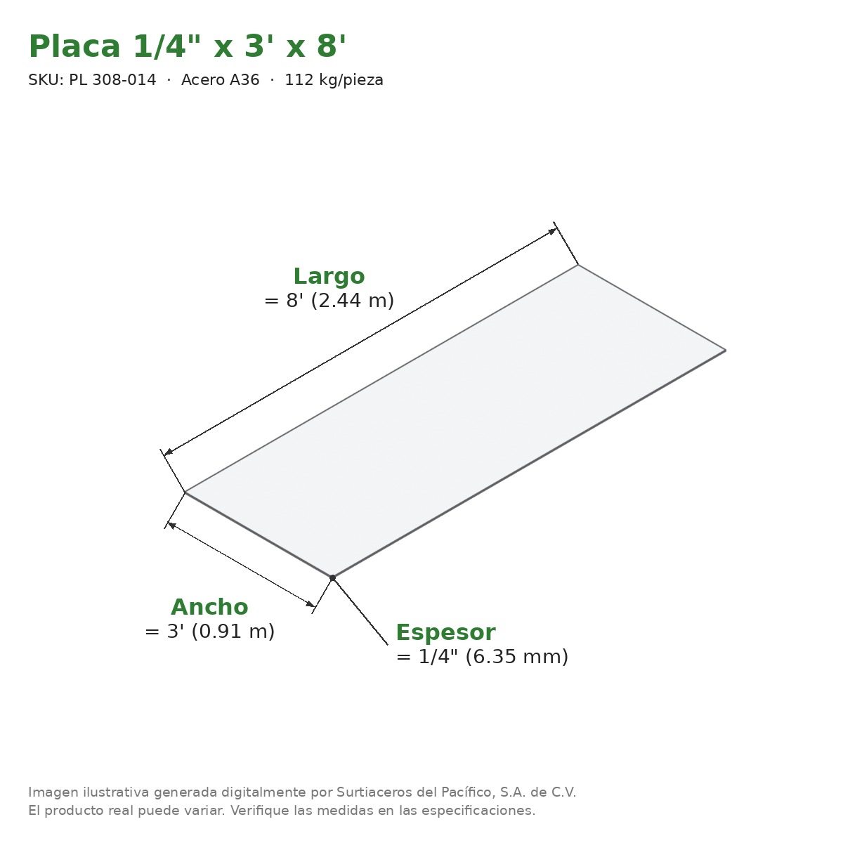 Placa 1/4" x 3' x 8' - Acero A36 - medidas