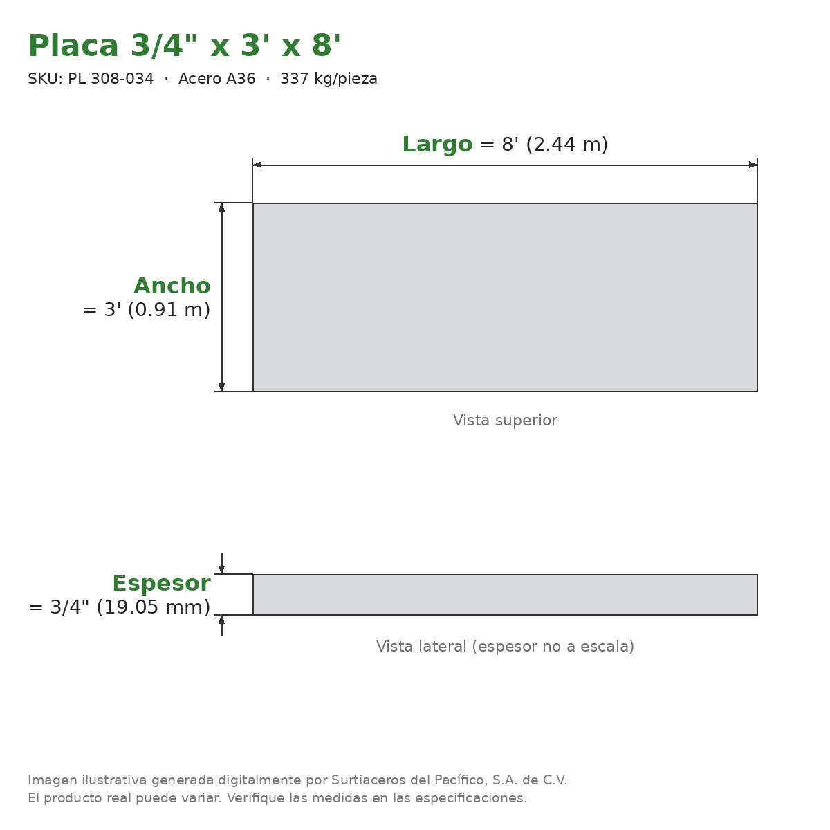 Placa 3/4" x 3' x 8' - Acero A36 - sección transversal