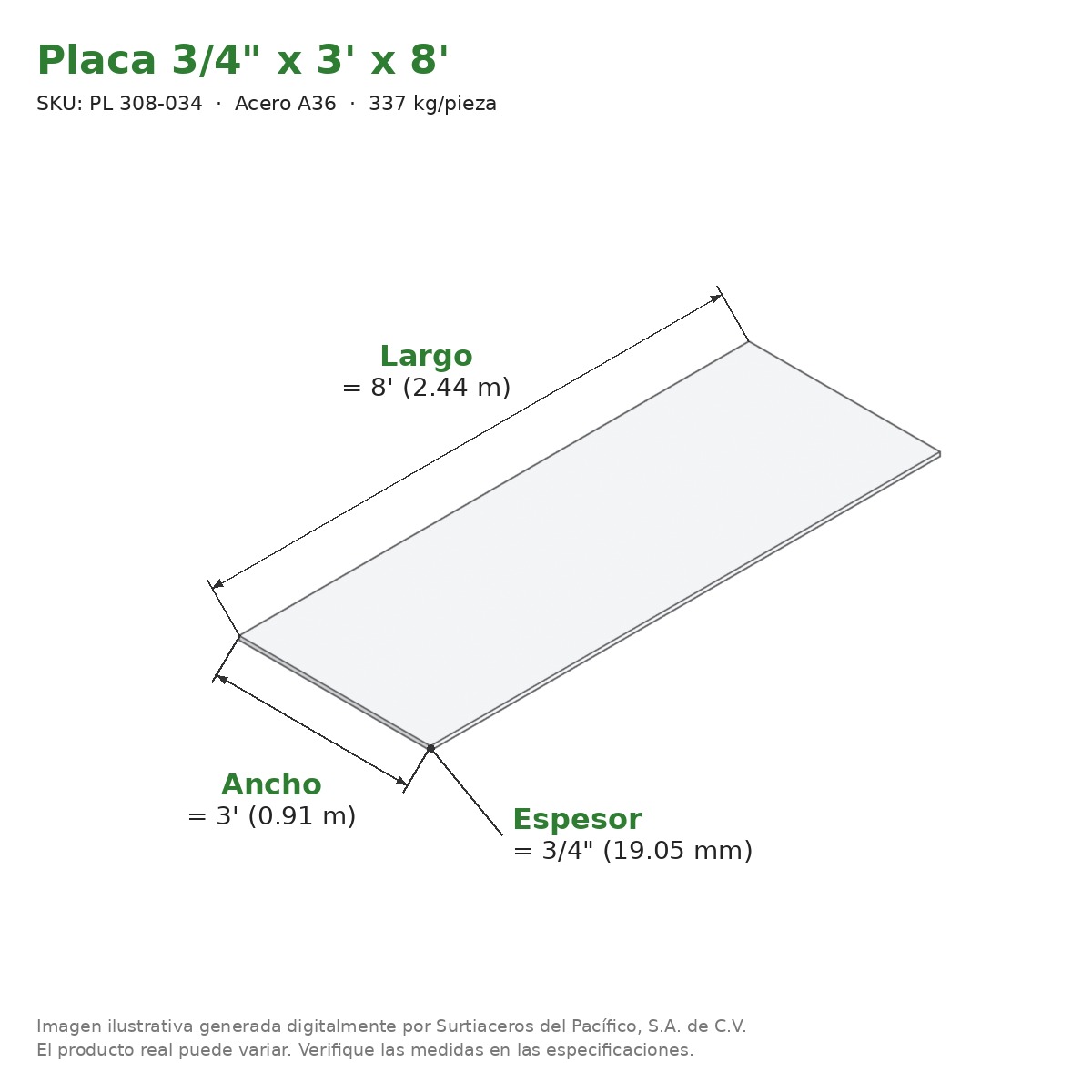 Placa 3/4" x 3' x 8' - Acero A36 - medidas