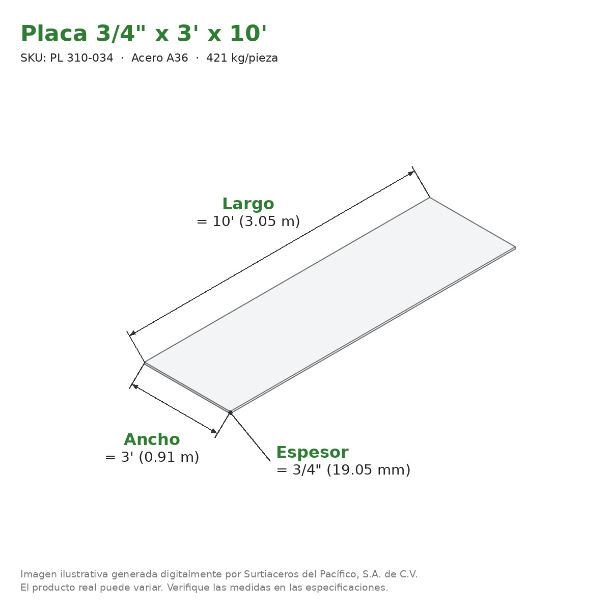 Placa 3/4" x 3' x 10' - Acero A36 - medidas