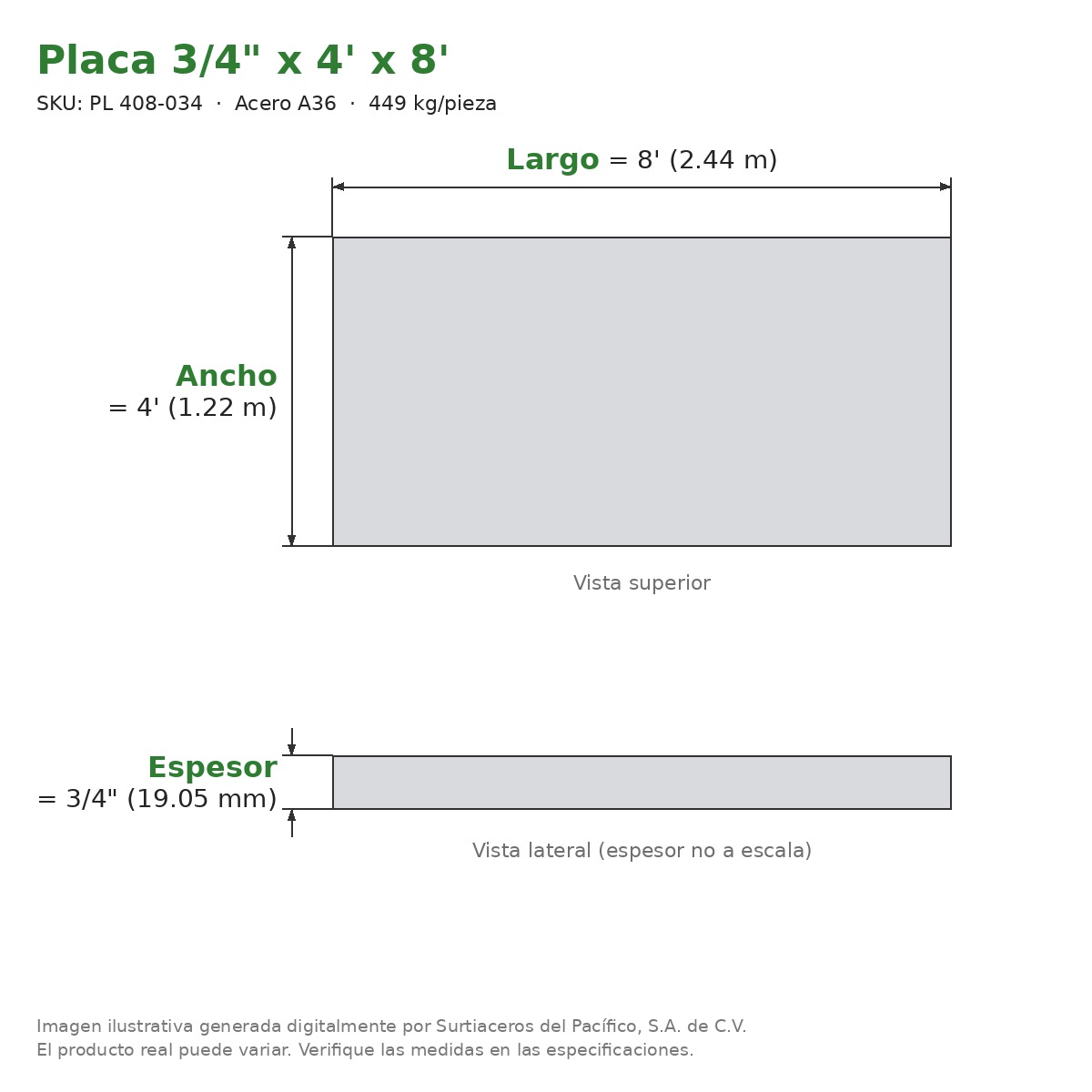 Placa 3/4" x 4' x 8' - Acero A36 - sección transversal