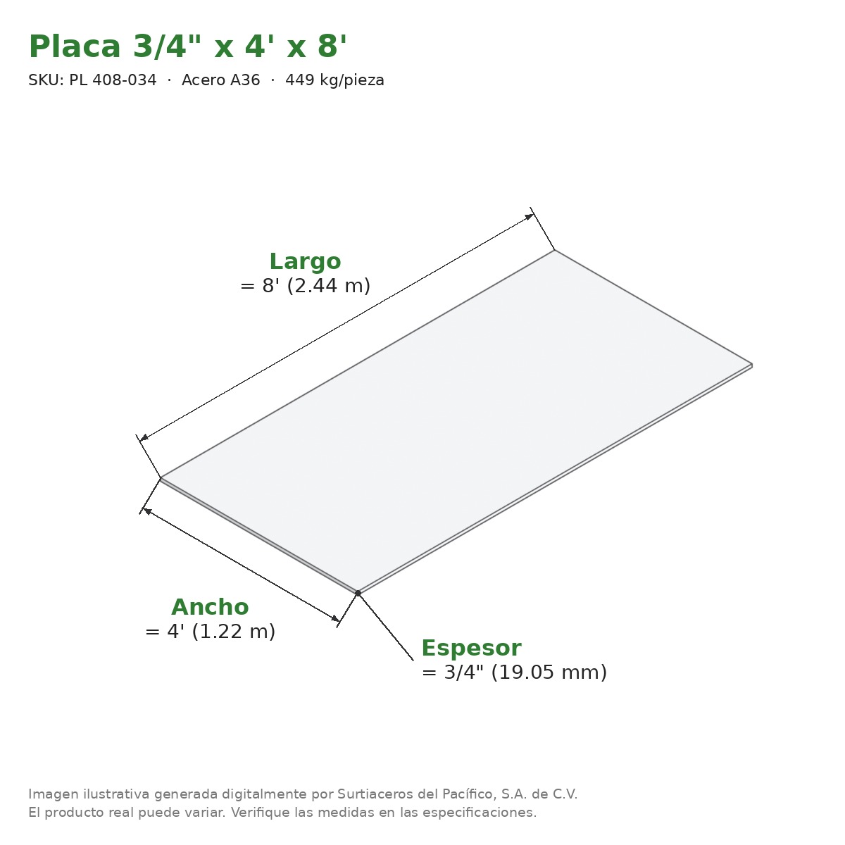 Placa 3/4" x 4' x 8' - Acero A36 - medidas