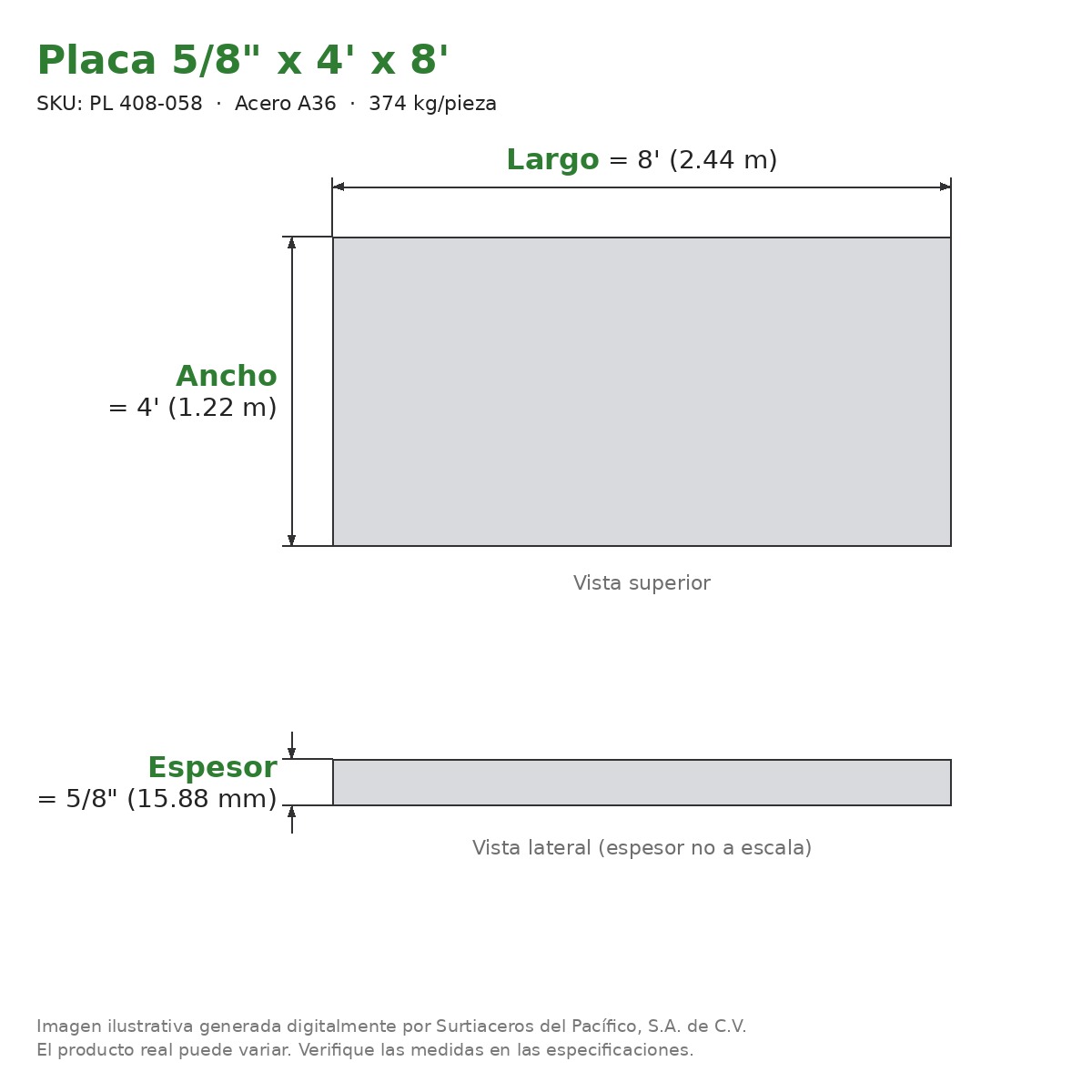Placa 5/8" x 4' x 8' - Acero A36 - sección transversal