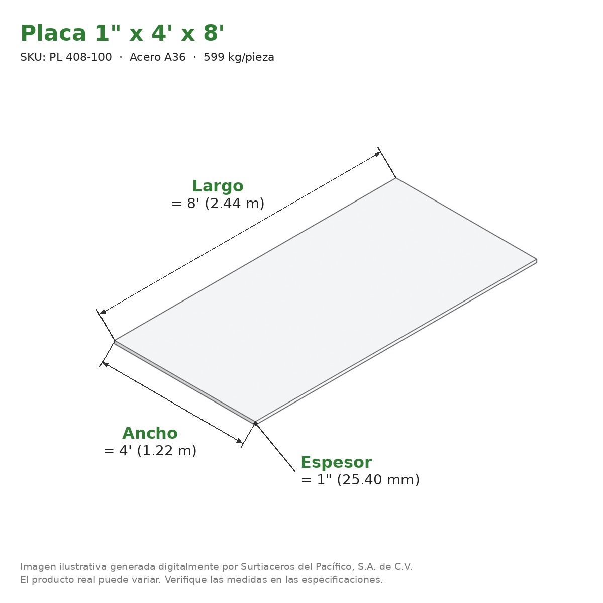 Placa 1" x 4' x 8' - Acero A36 - medidas