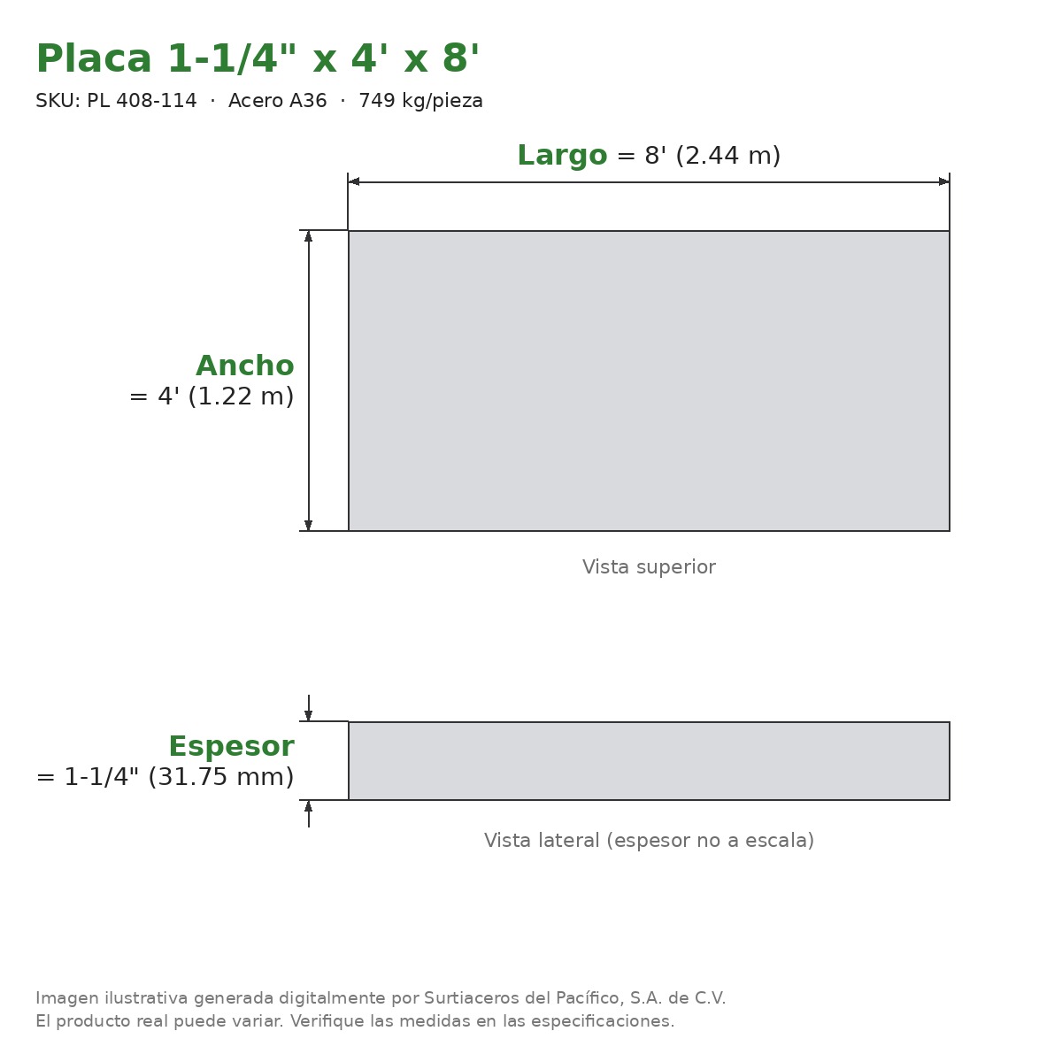 Placa 1-1/4" x 4' x 8' - Acero A36 - sección transversal