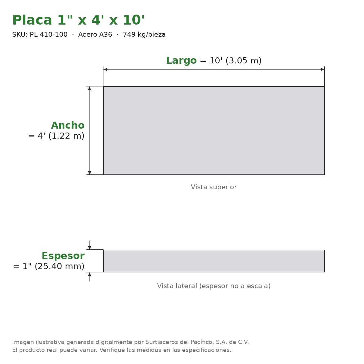 Placa 1" x 4' x 10' - Acero A36 - sección transversal