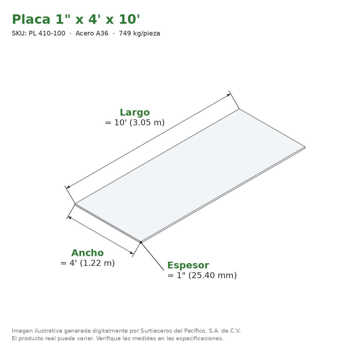 Placa 1" x 4' x 10' - Acero A36 - medidas