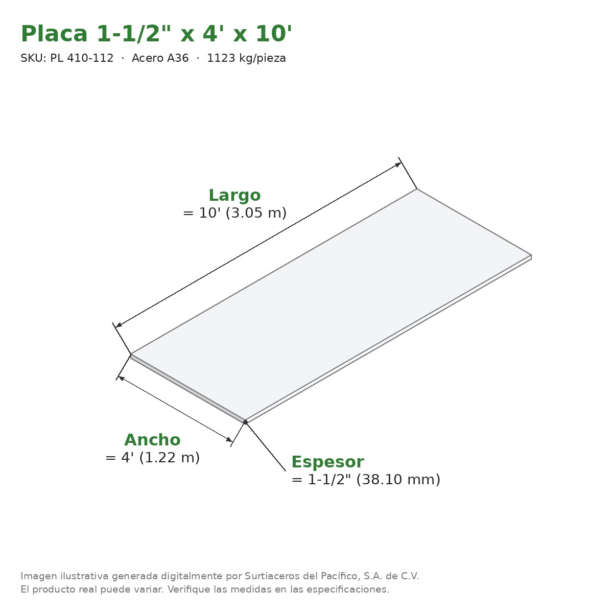 Placa 1-1/2" x 4' x 10' - Acero A36 - medidas