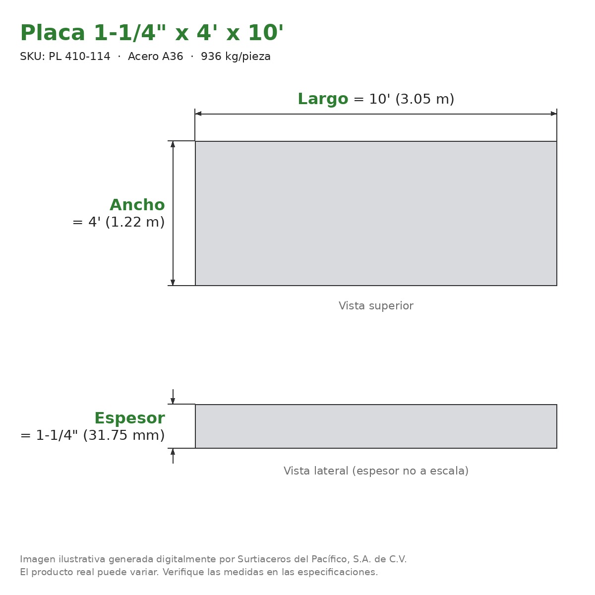 Placa 1-1/4" x 4' x 10' - Acero A36 - sección transversal
