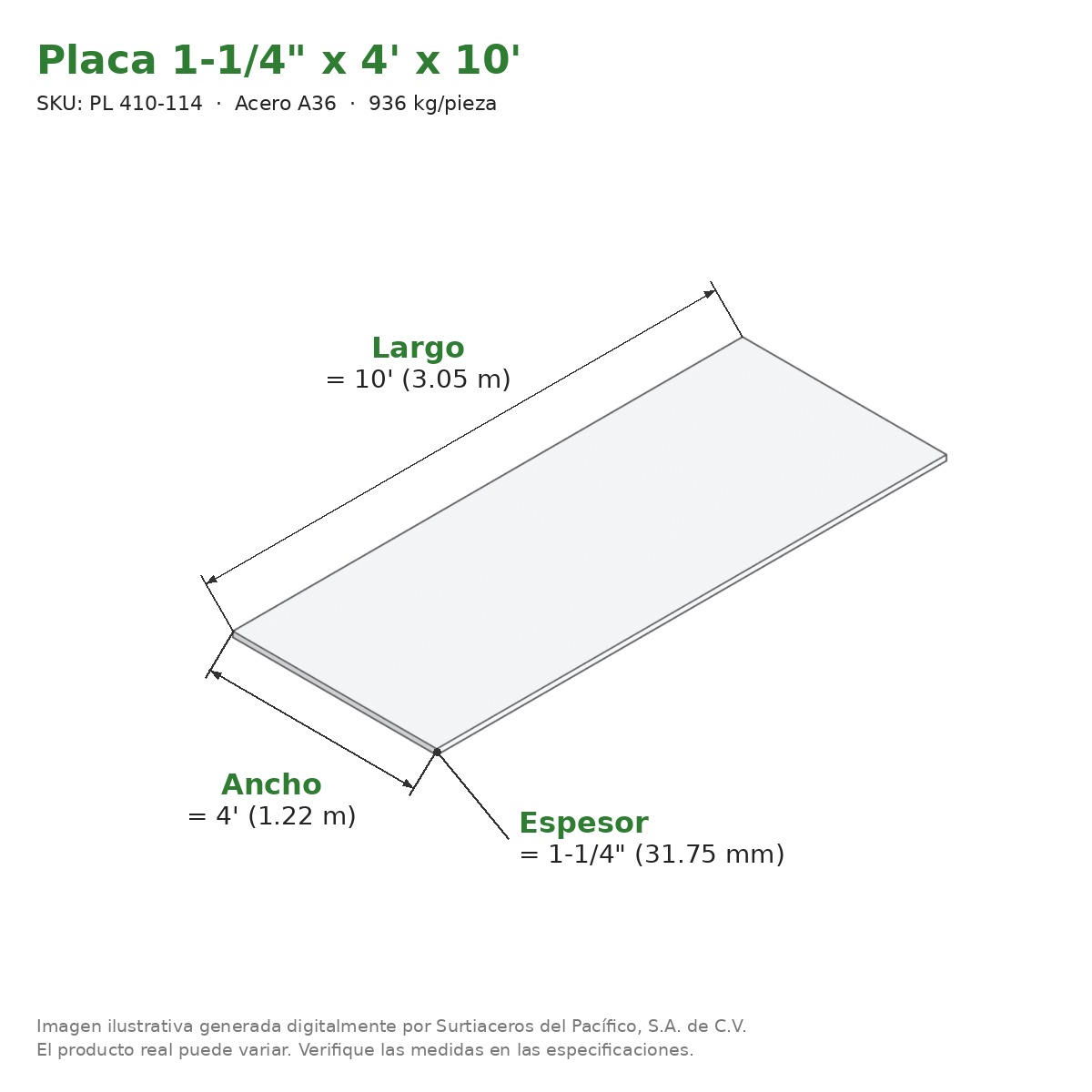 Placa 1-1/4" x 4' x 10' - Acero A36 - medidas