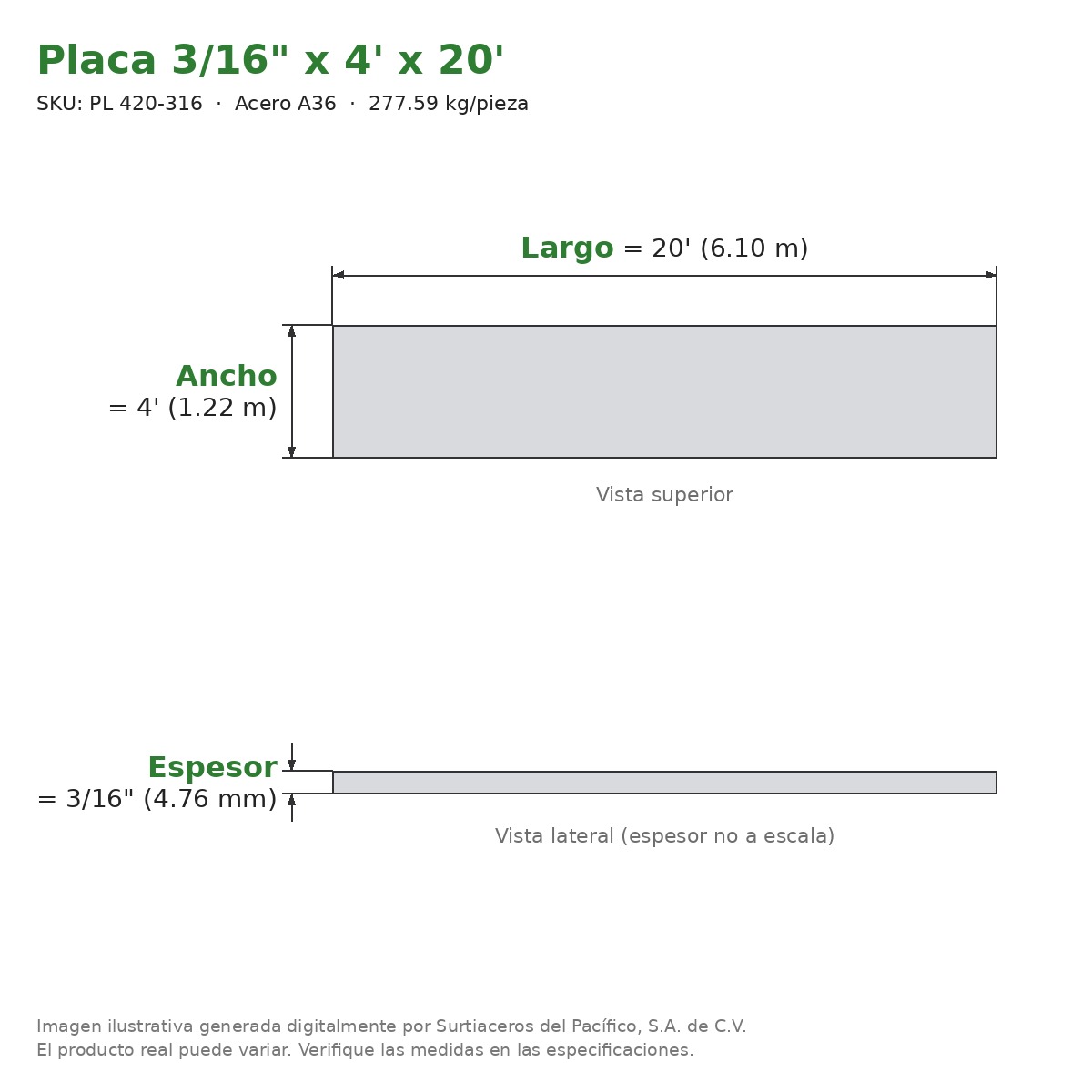 Placa 3/16" x 4' x 20' - Acero A36 - sección transversal