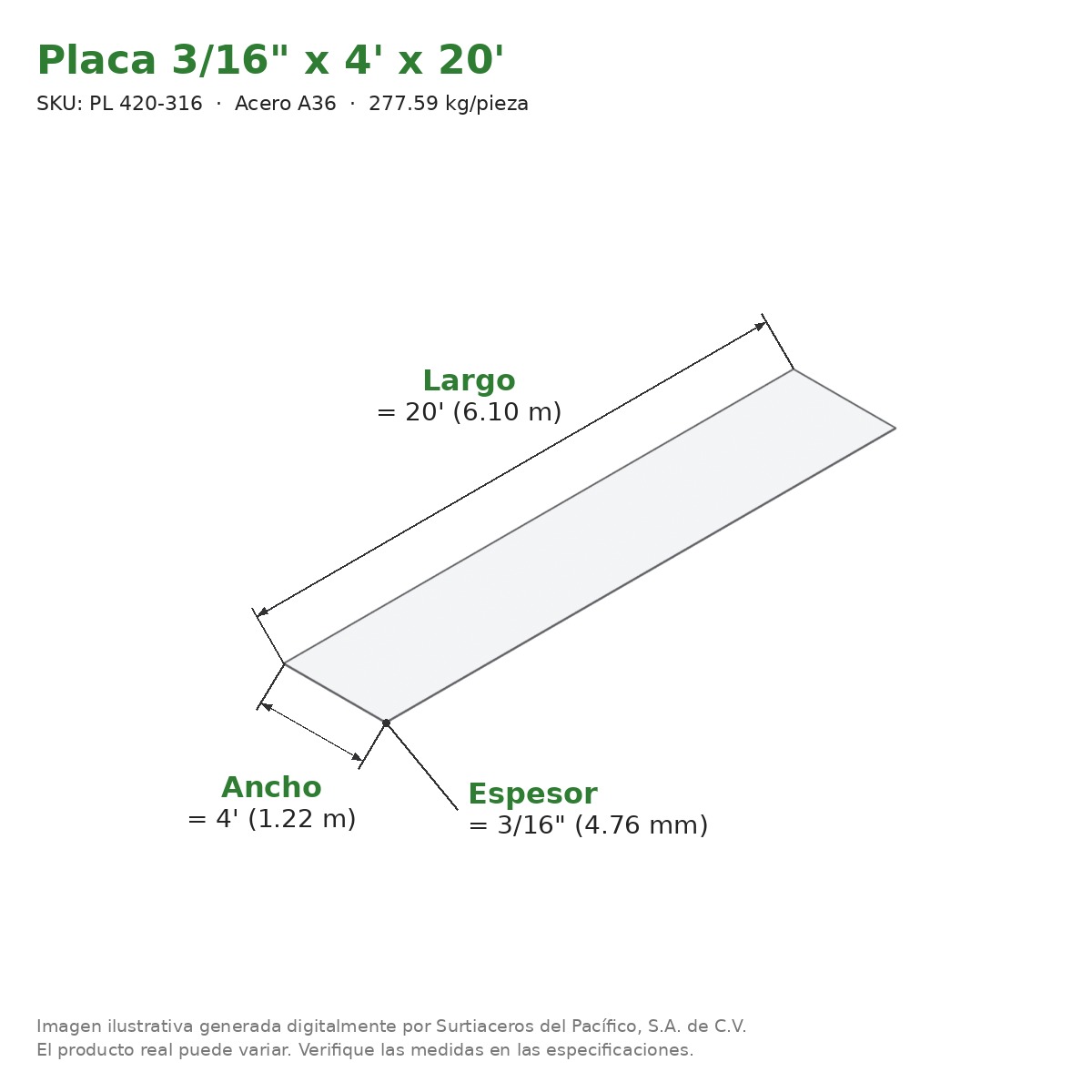 Placa 3/16" x 4' x 20' - Acero A36 - medidas