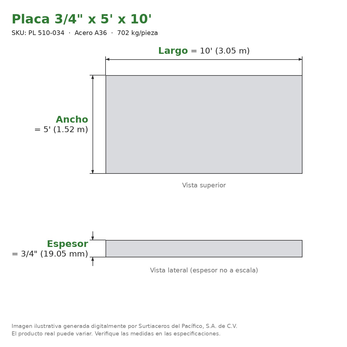 Placa 3/4" x 5' x 10' - Acero A36 - sección transversal