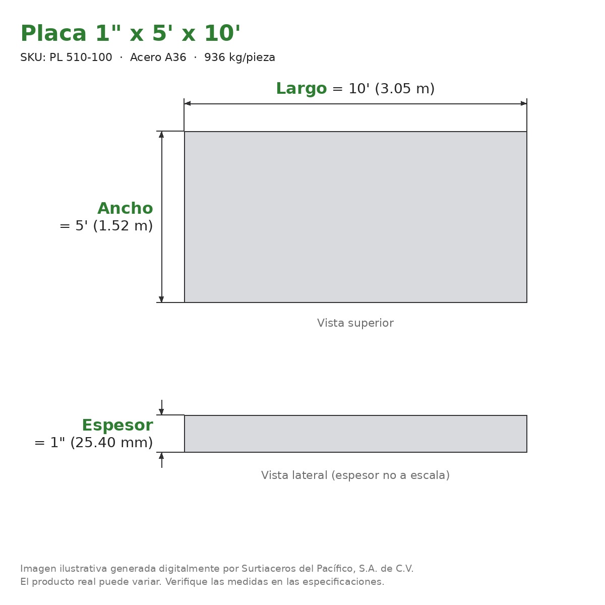 Placa 1" x 5' x 10' - Acero A36 - sección transversal