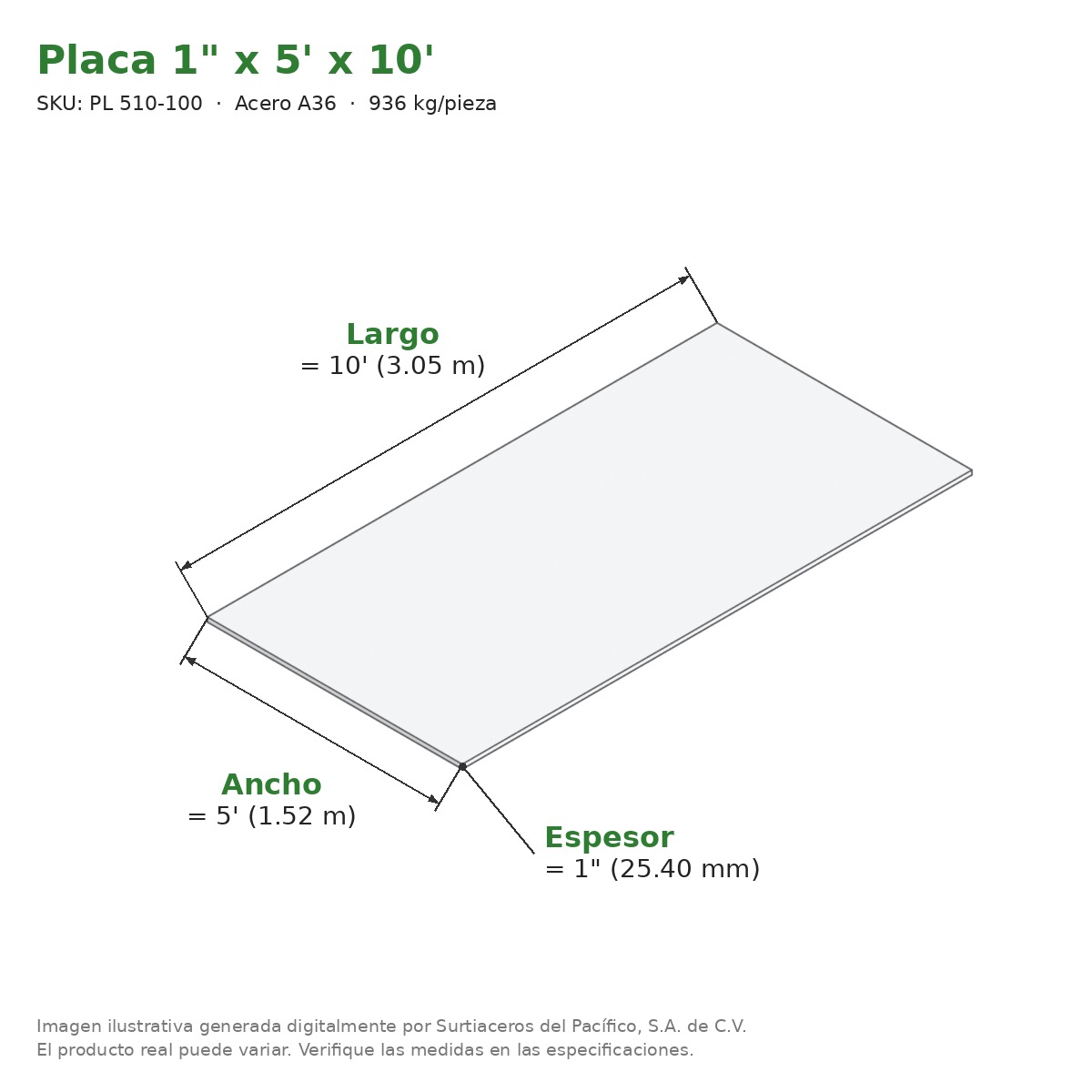 Placa 1" x 5' x 10' - Acero A36 - medidas