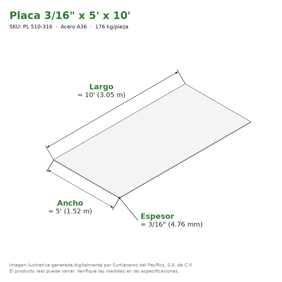 Placa 3/16" x 5' x 10' - Acero A36 - medidas