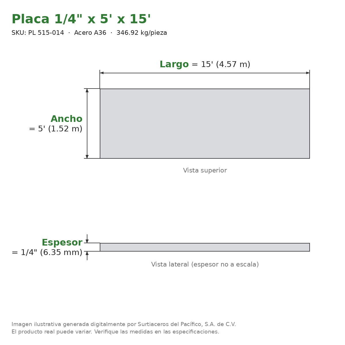 Placa 1/4" x 5' x 15' - Acero A36 - sección transversal