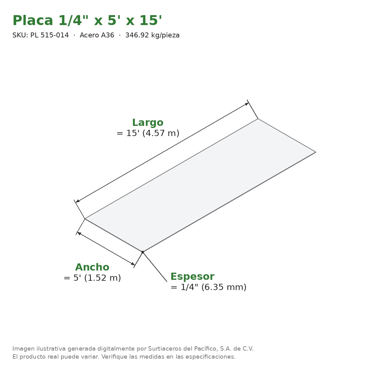 Placa 1/4" x 5' x 15' - Acero A36 - medidas