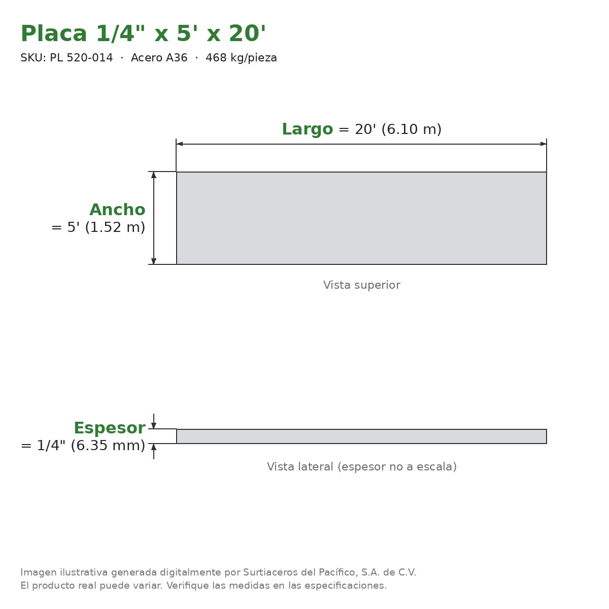 Placa 1/4" x 5' x 20' - Acero A36 - sección transversal