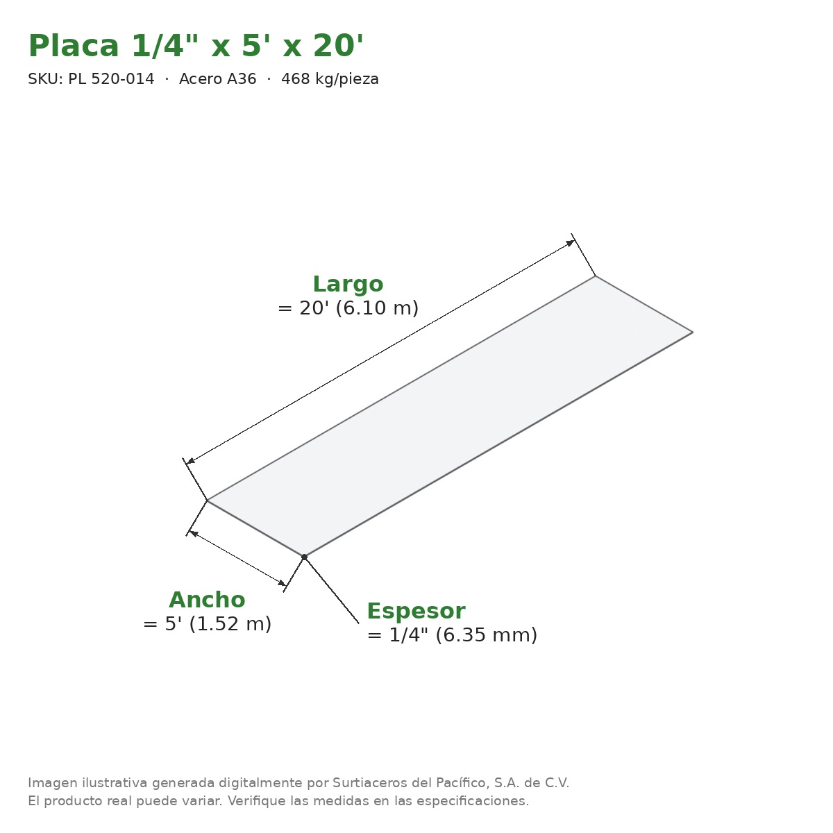 Placa 1/4" x 5' x 20' - Acero A36 - medidas