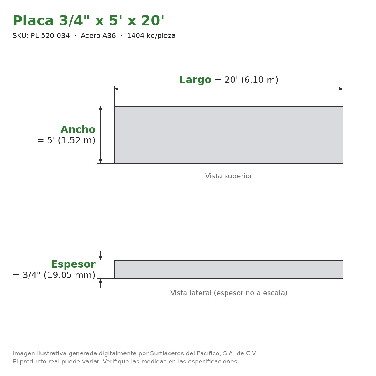 Placa 3/4" x 5' x 20' - Acero A36 - sección transversal
