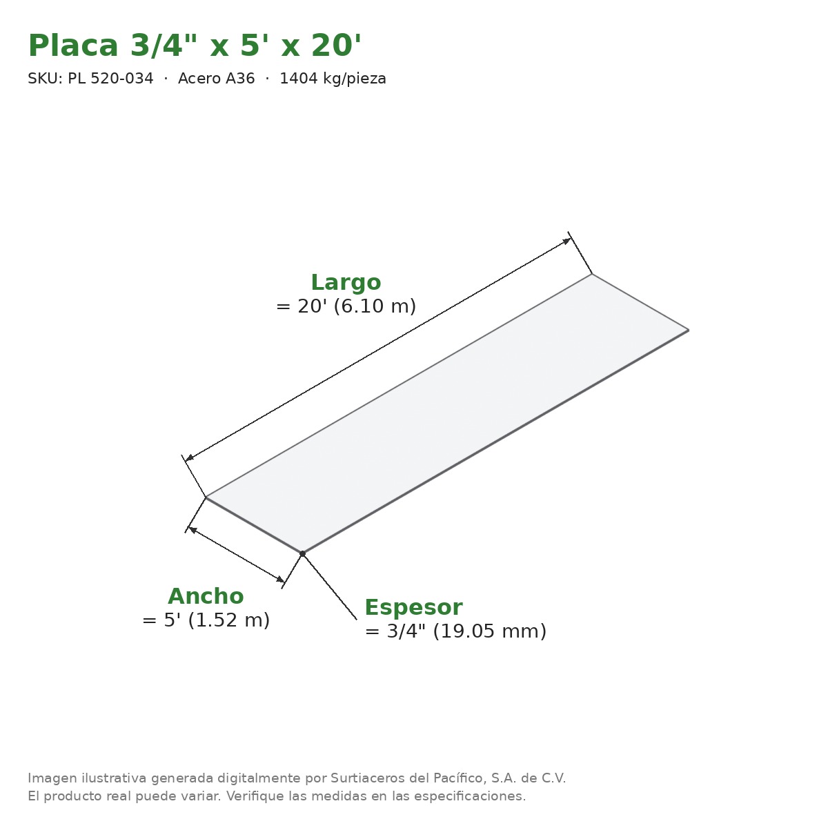 Placa 3/4" x 5' x 20' - Acero A36 - medidas