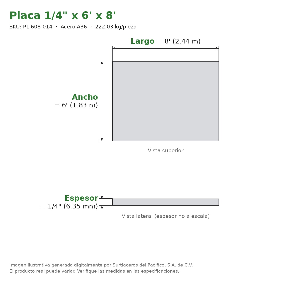 Placa 1/4" x 6' x 8' - Acero A36 - sección transversal