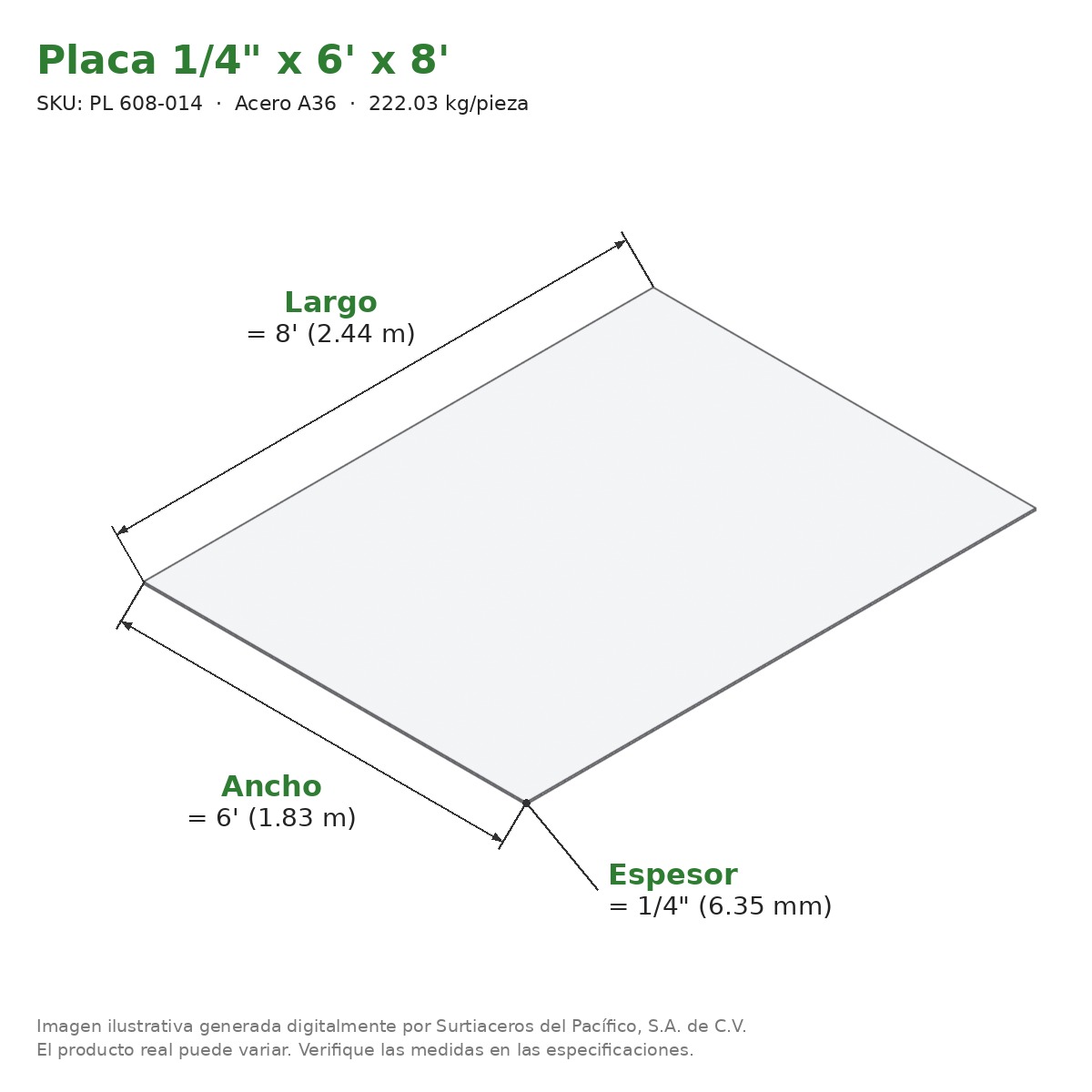 Placa 1/4" x 6' x 8' - Acero A36 - medidas