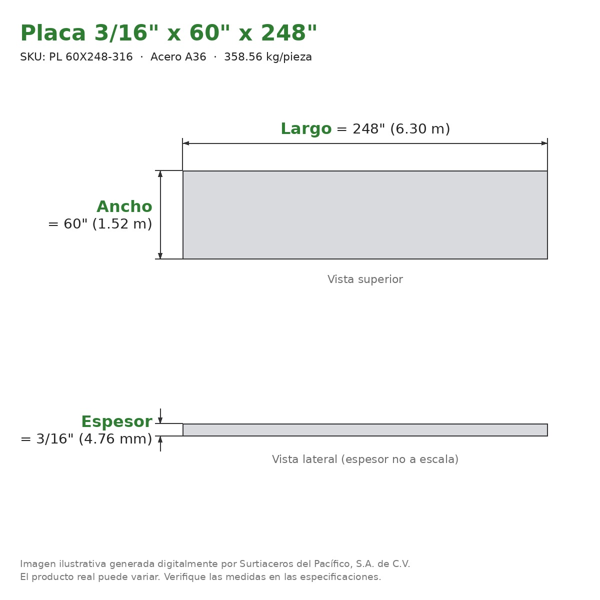 Placa 3/16" x 60" x 248" - Acero A36 - sección transversal