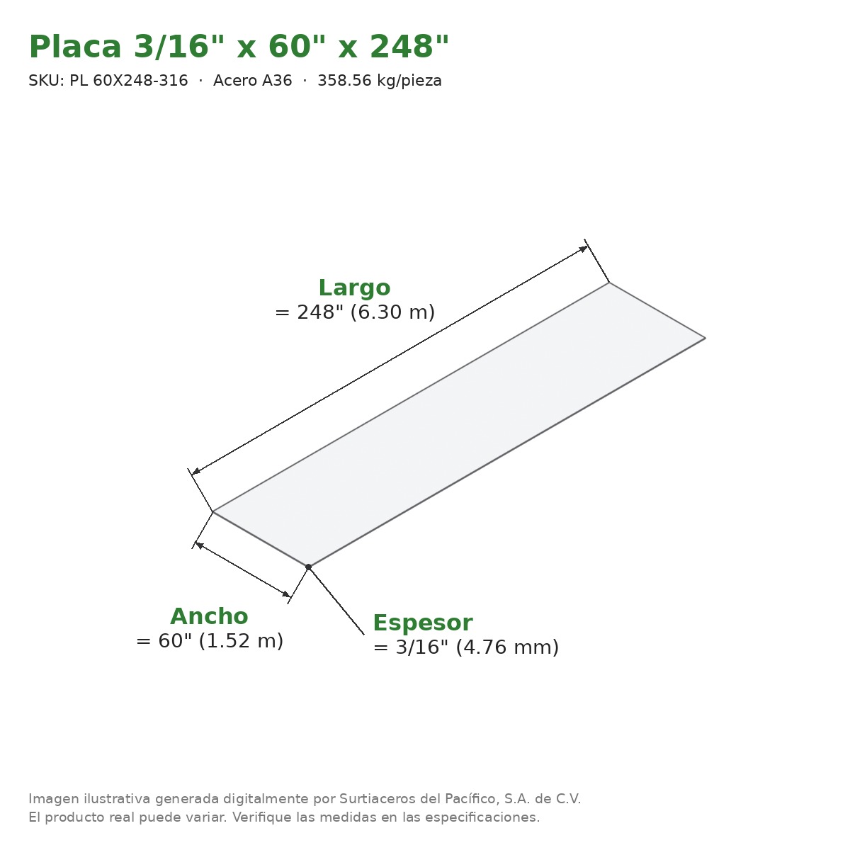 Placa 3/16" x 60" x 248" - Acero A36 - medidas