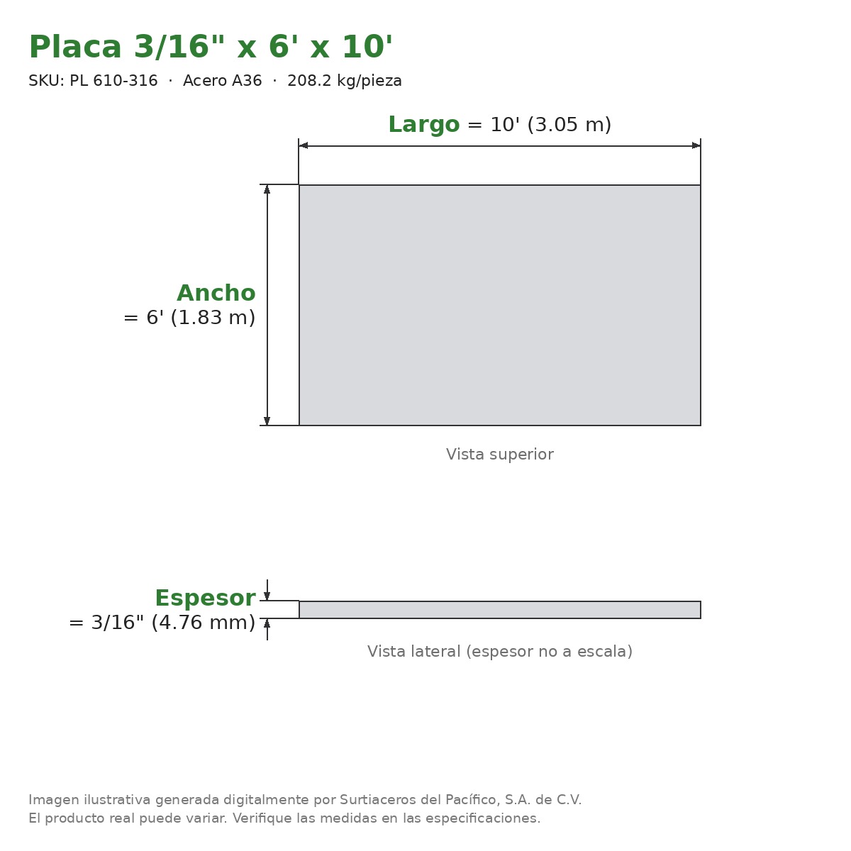 Placa 3/16" x 6' x 10' - Acero A36 - sección transversal