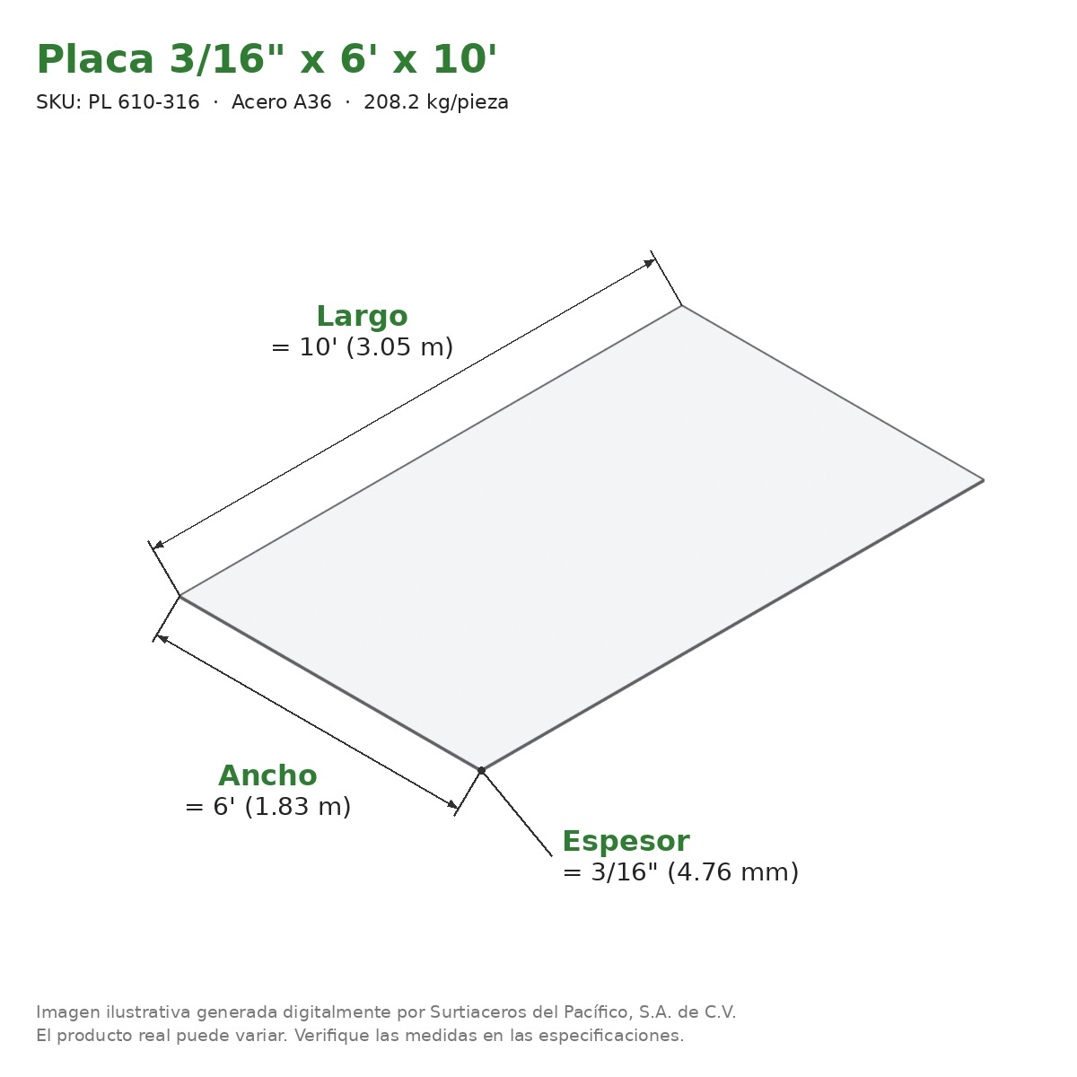 Placa 3/16" x 6' x 10' - Acero A36 - medidas