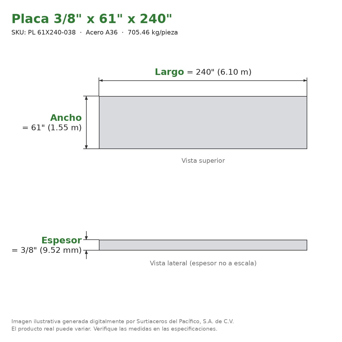 Placa 3/8" x 61" x 240" - Acero A36 - sección transversal