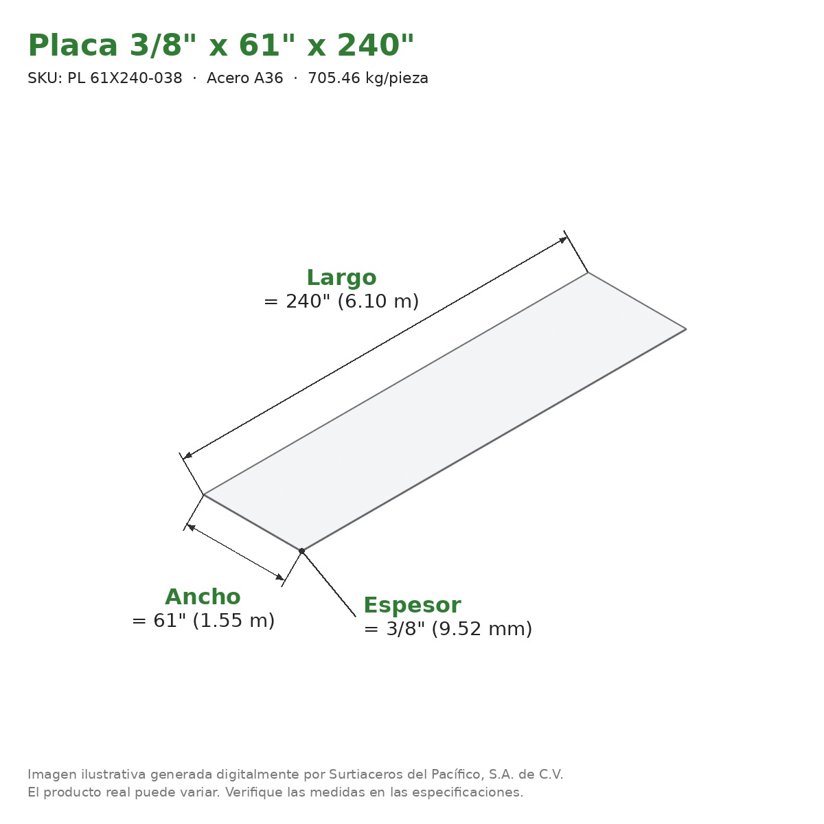 Placa 3/8" x 61" x 240" - Acero A36 - medidas
