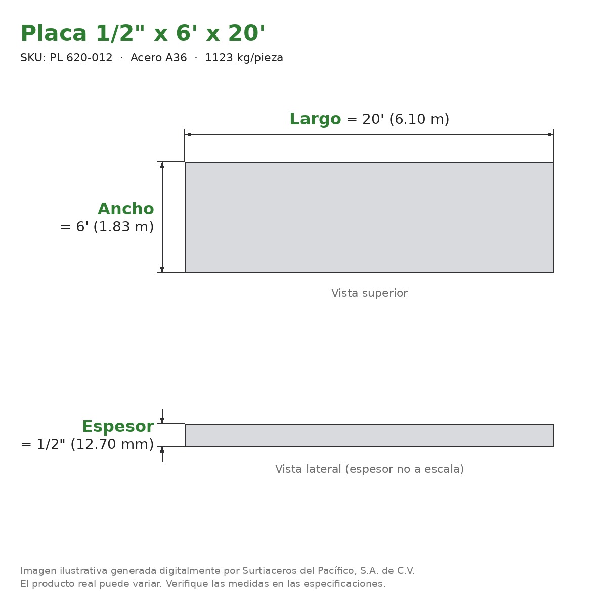 Placa 1/2" x 6' x 20' - Acero A36 - sección transversal