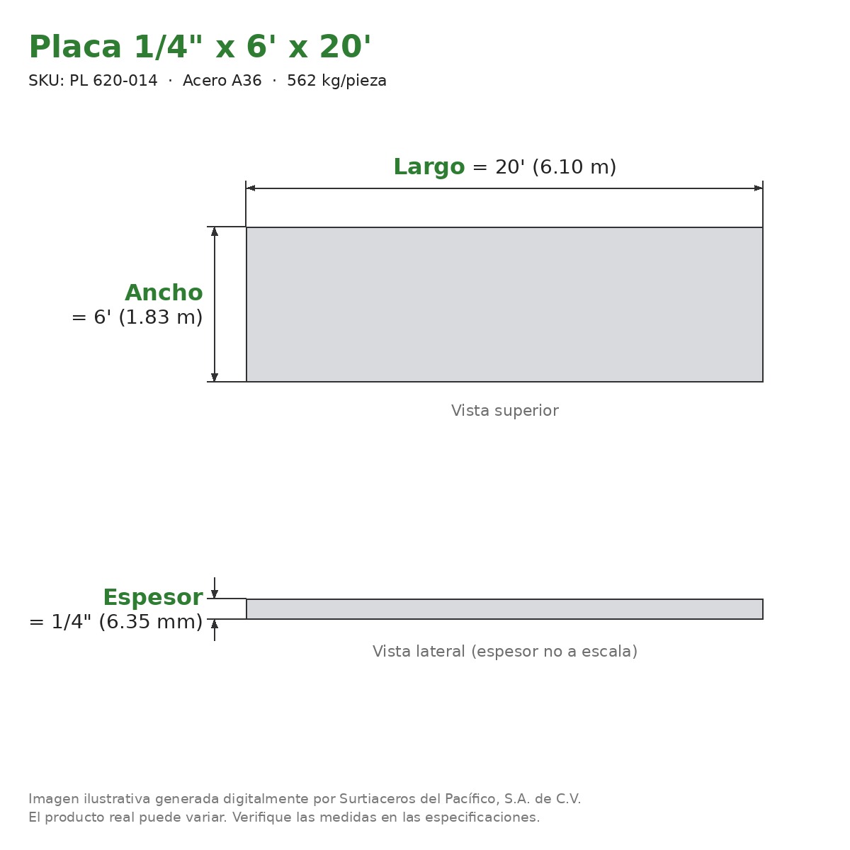 Placa 1/4" x 6' x 20' - Acero A36 - sección transversal