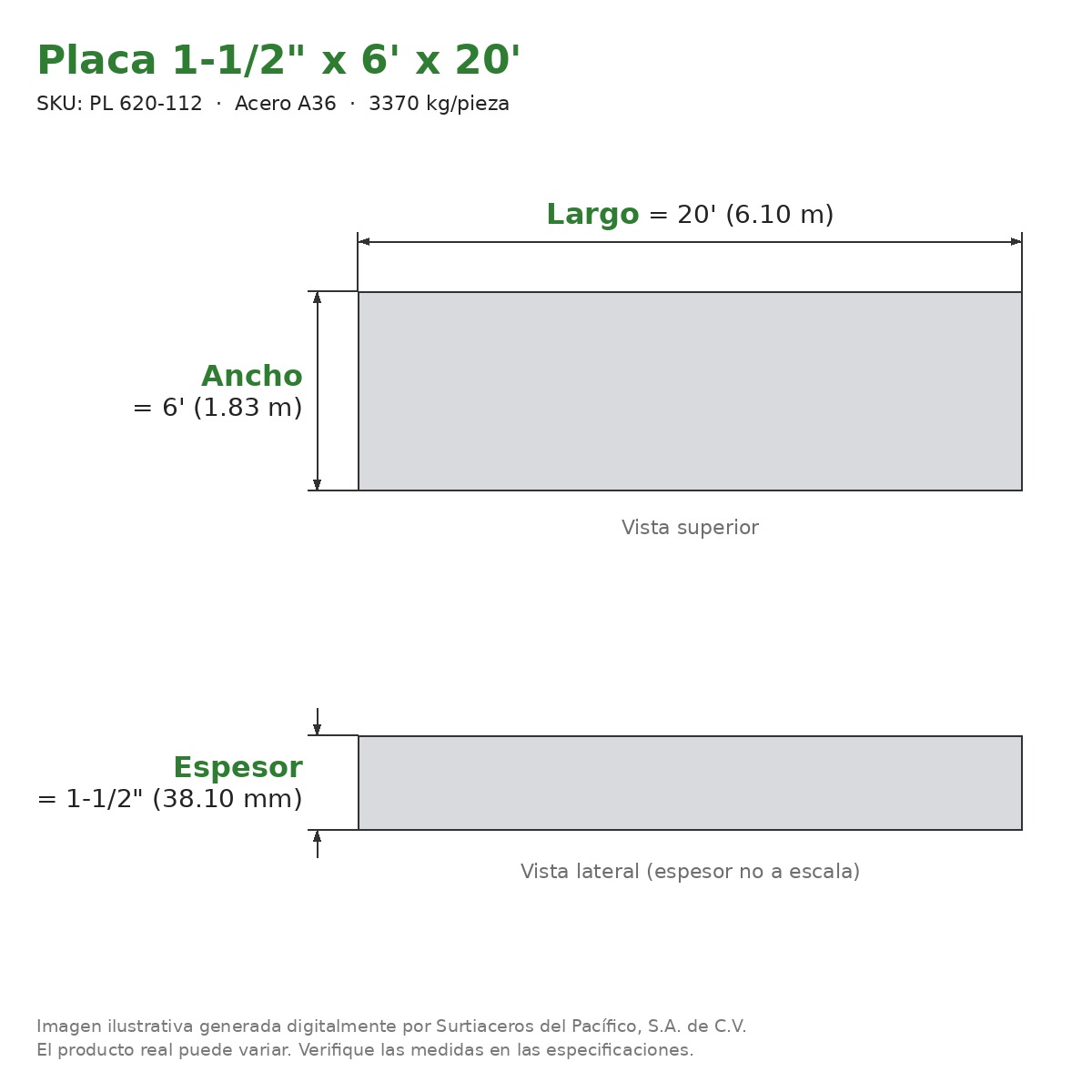 Placa 1-1/2" x 6' x 20' - Acero A36 - sección transversal