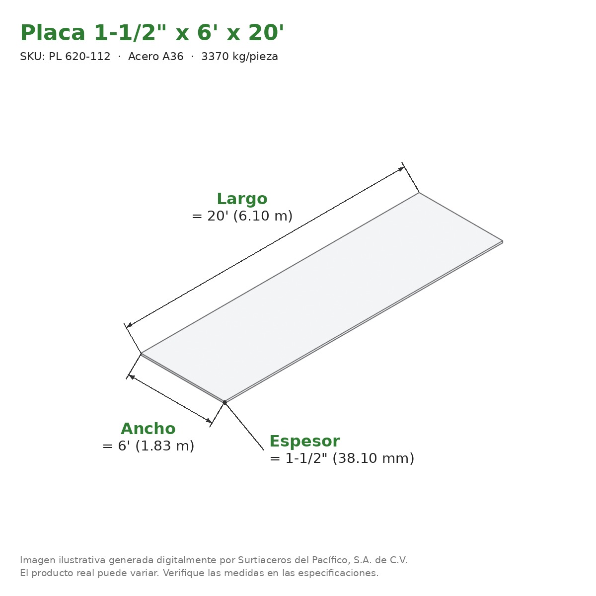 Placa 1-1/2" x 6' x 20' - Acero A36 - medidas